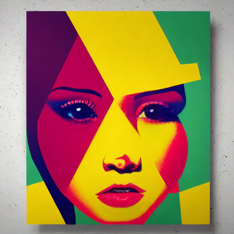 Colorful Geometric Portrait of Woman with Striking Eyes on Canvas