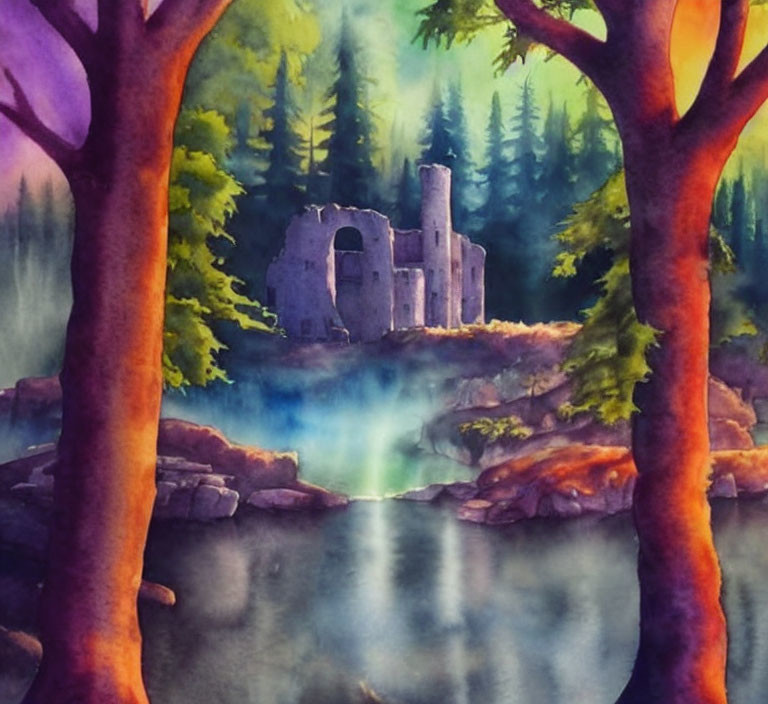 Serene landscape watercolor painting with ruin, stream, and twilight forest