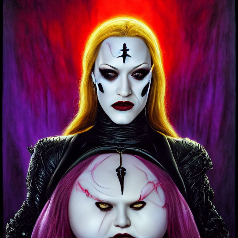 Theatrical makeup with inverted cross, yellow hair, purple and red backdrop