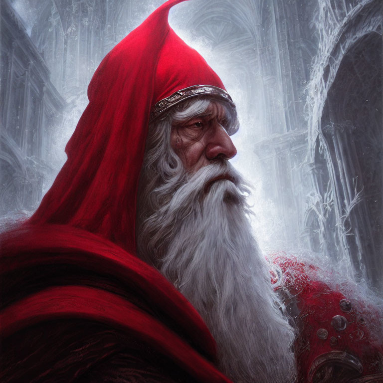 Elderly man with white beard in red cloak against gothic backdrop