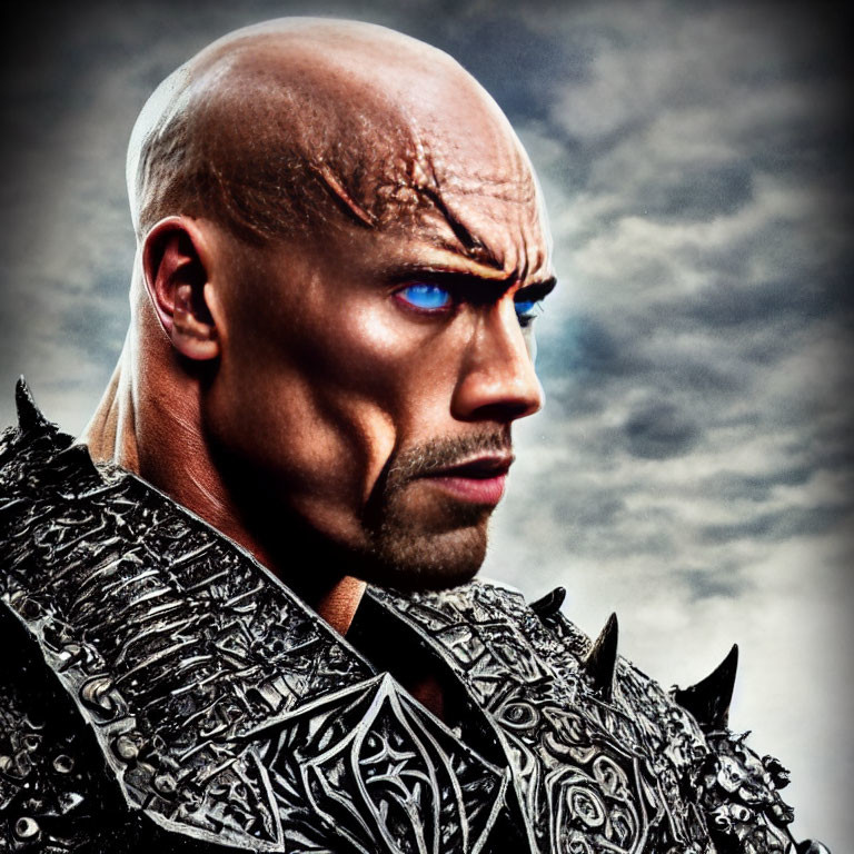 Bald man with blue eyes and intricate face paint under stormy sky