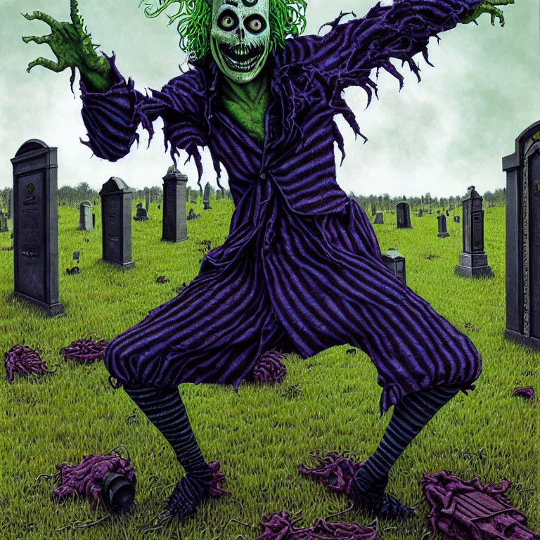 Green-faced character in striped suit with wild hair in graveyard setting