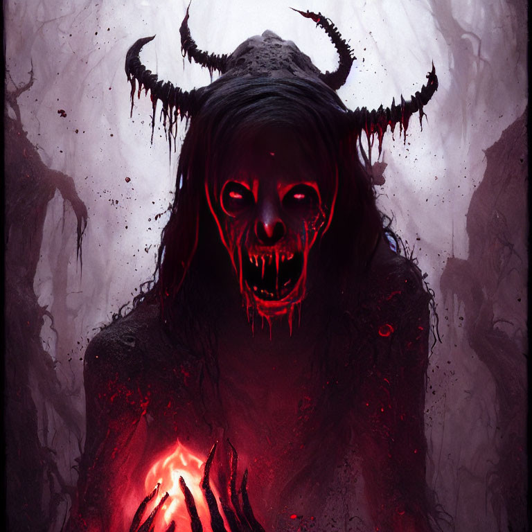 Sinister figure with glowing red eyes and skull-like face holds glowing heart in eerie forest landscape