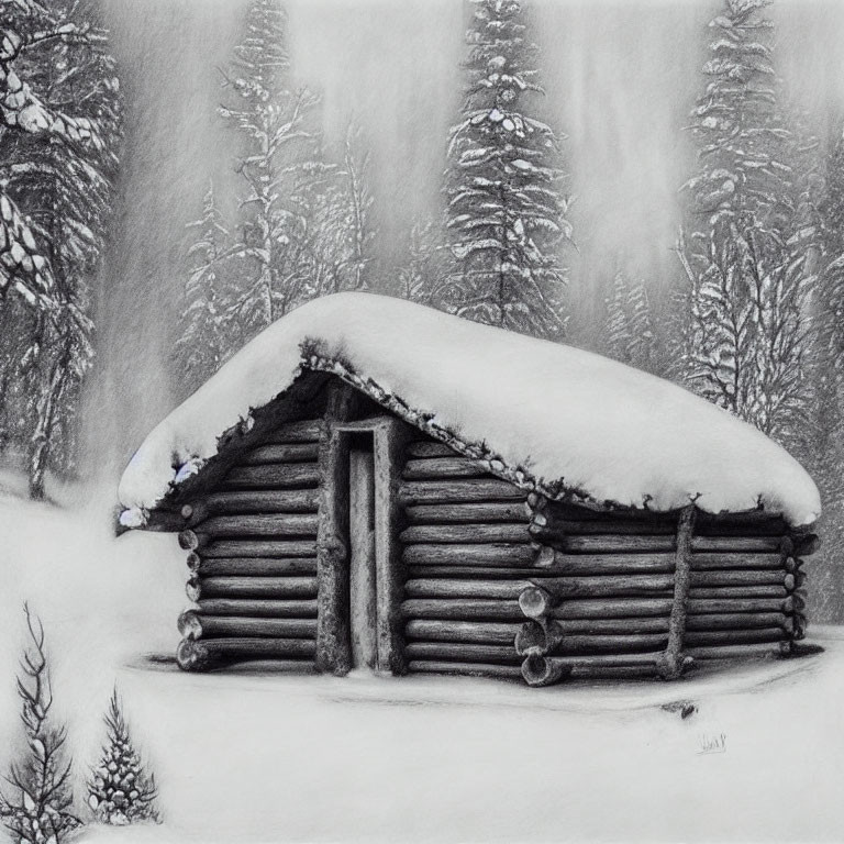 Snow-covered log cabin and pine trees in tranquil winter landscape