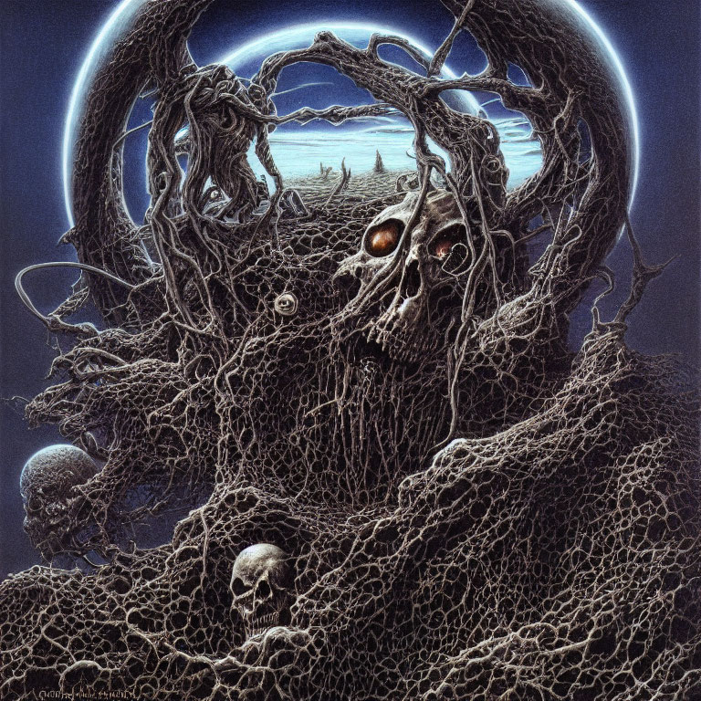 Dark Fantasy Artwork: Skull Enmeshed in Roots, Two Smaller Skulls, Night Sky