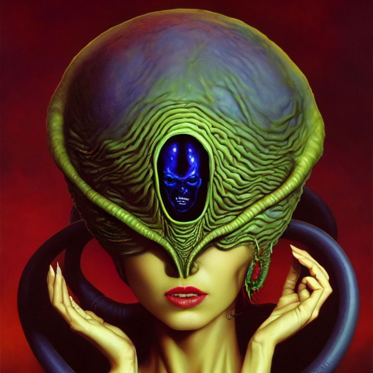 Person with large alien-like headpiece in green tones, blue-faced with red lips on red backdrop
