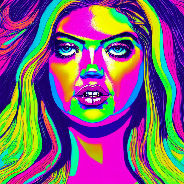 Colorful portrait of woman with flowing neon hair and striking features