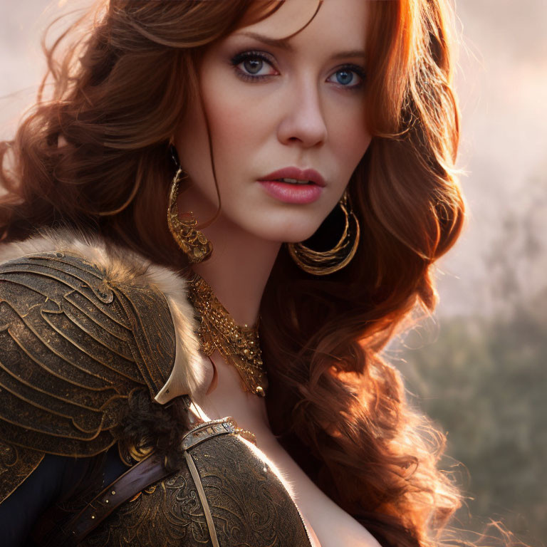 Woman with Curly Red Hair in Golden Armor and Jewelry on Blurred Background