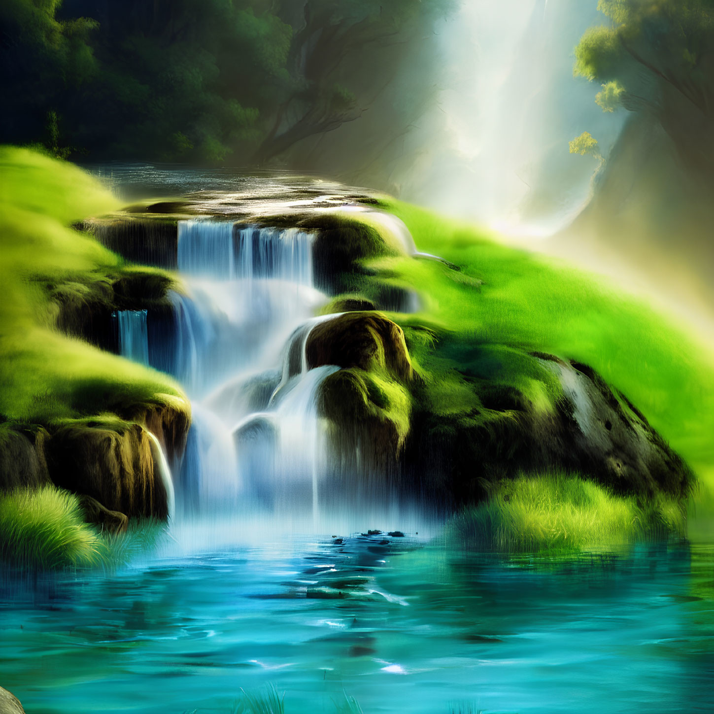 Serene Waterfall Surrounded by Lush Greenery and Blue Pool
