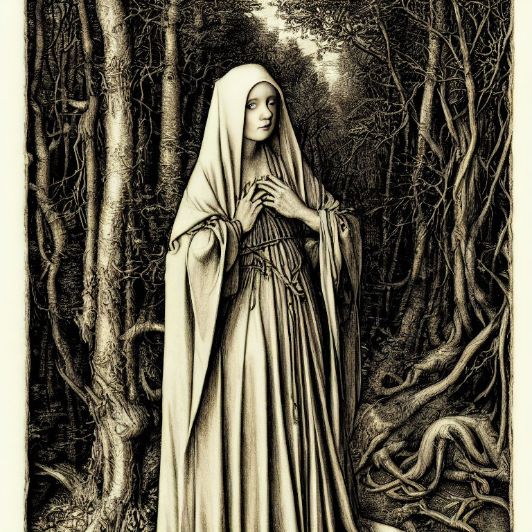 Monochrome illustration of robed woman in forest with detailed trees