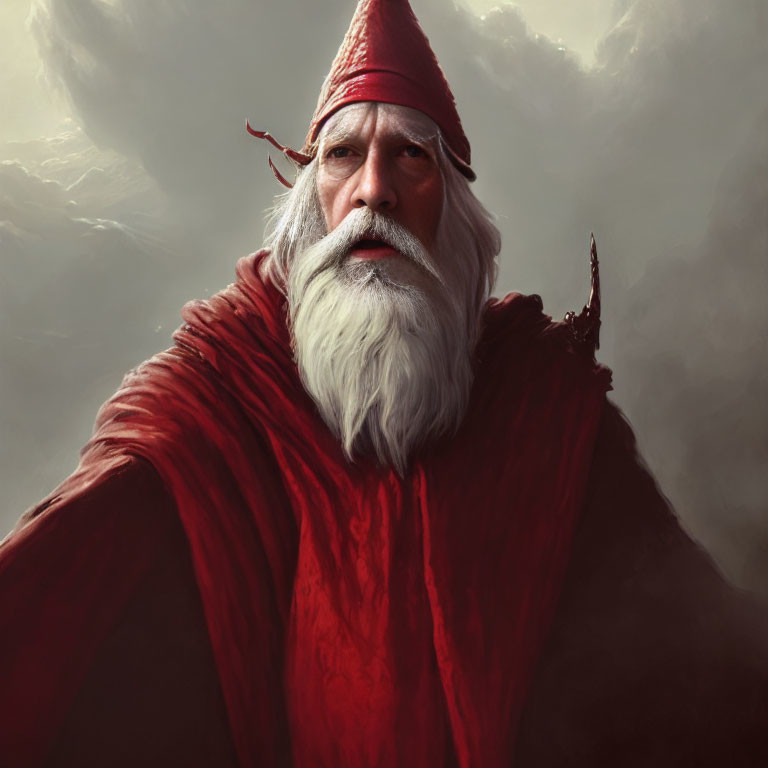 Elderly man with long white beard in red cloak and hat in misty background