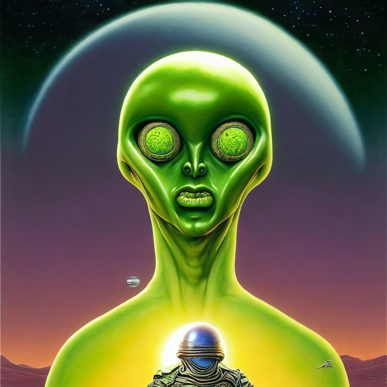 Green-skinned alien with large yellow eyes in cosmic setting