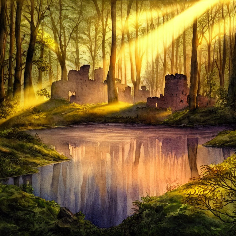 Sunlit forest scene with ruins reflected in pond at dusk