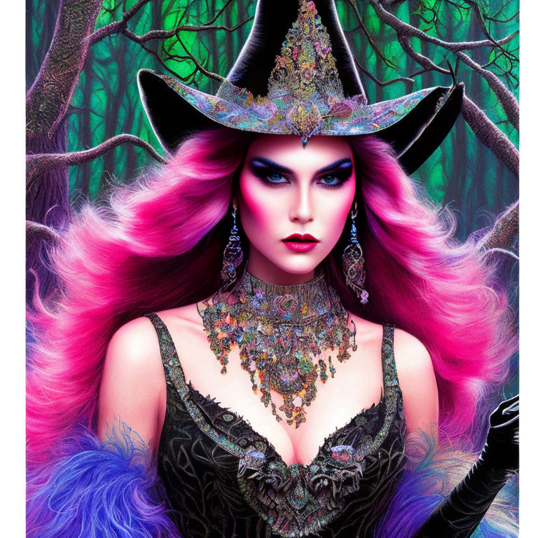 Vibrant pink-haired woman in black hat against eerie forest backdrop