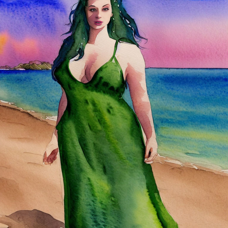 Watercolor painting of woman with green hair on beach at sunset