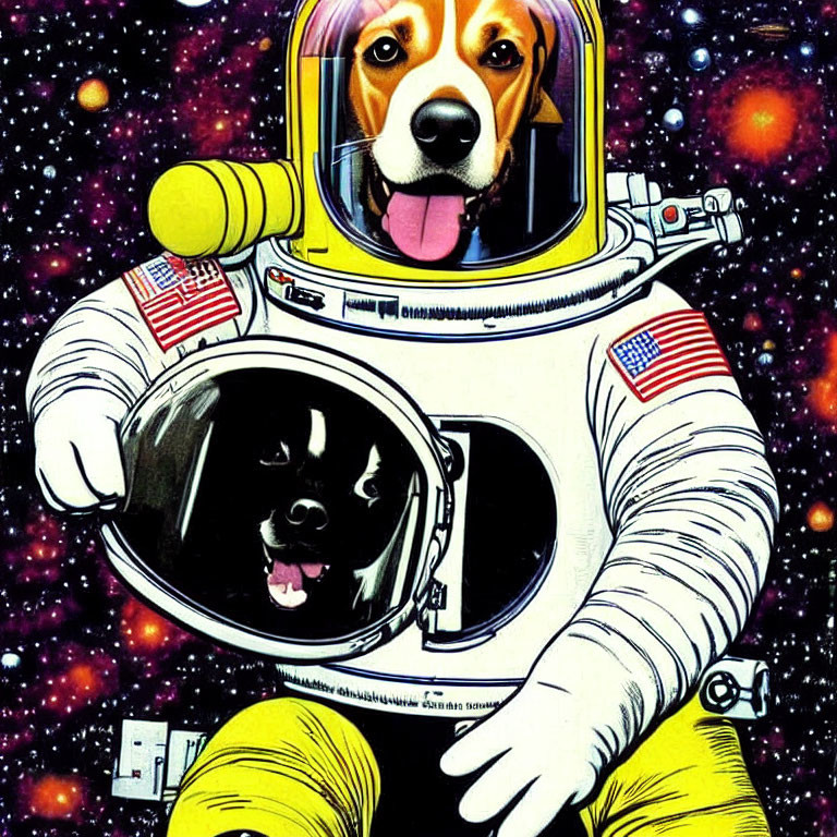 Two dogs in astronaut suit with one face inside helmet and the other reflected on visor against starry