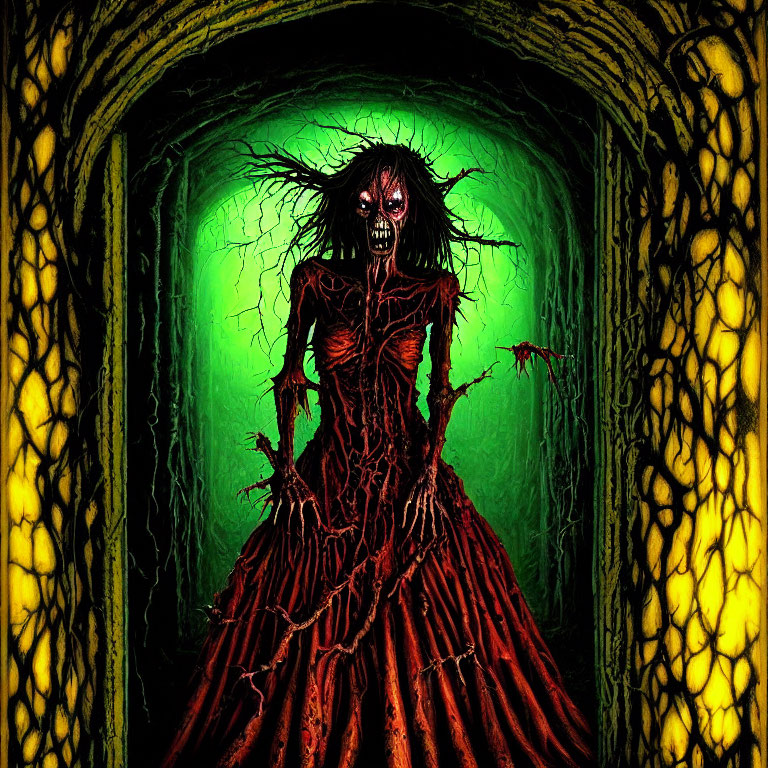 Skeletal woman in tattered dress under eerie green light