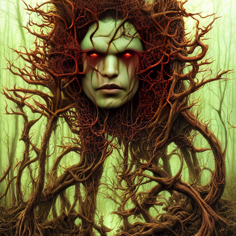 Sinister fantasy figure with glowing red eyes entwined in dark tree roots and vines