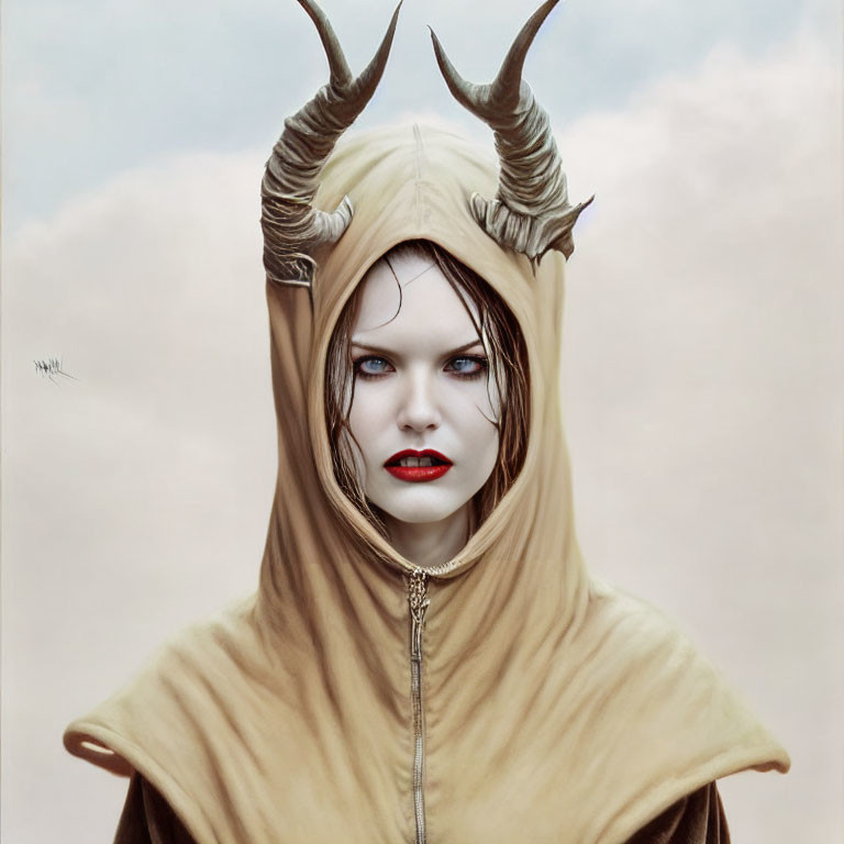 Woman with Striking Blue Eyes in Hood with Large Curving Horns