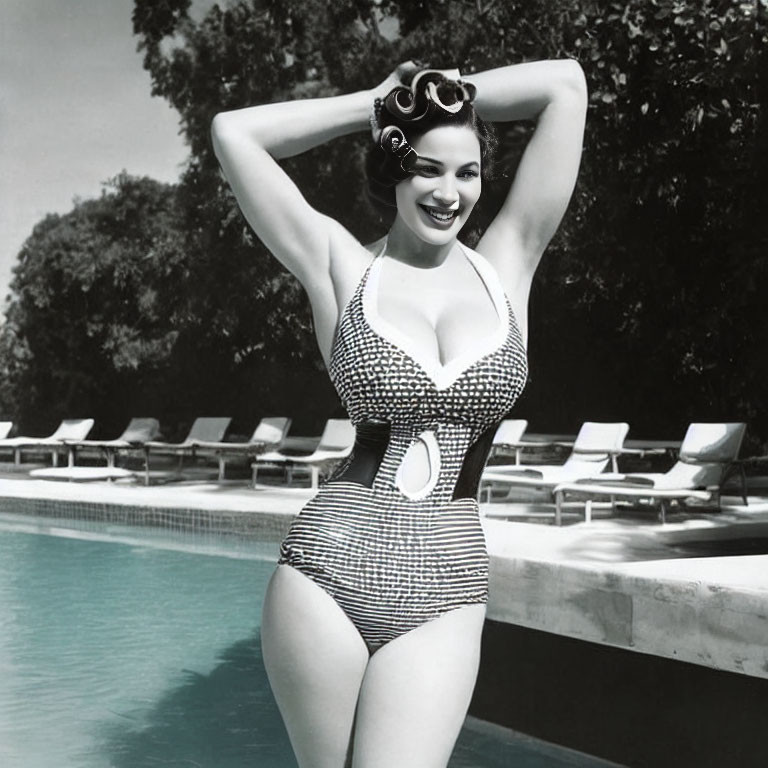 Vintage striped swimsuit woman smiling by pool in black and white photo