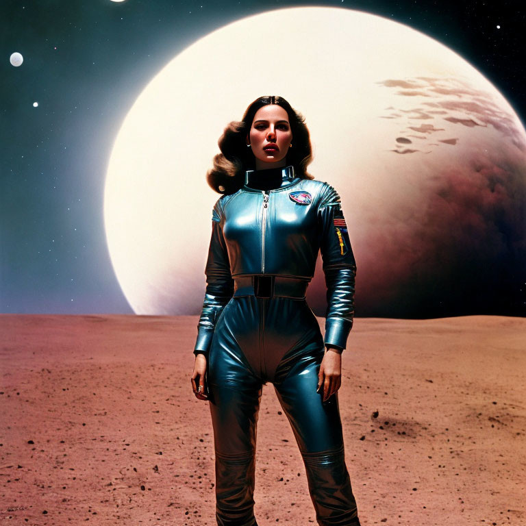 Futuristic woman in space suit on rocky surface with planet and starry sky