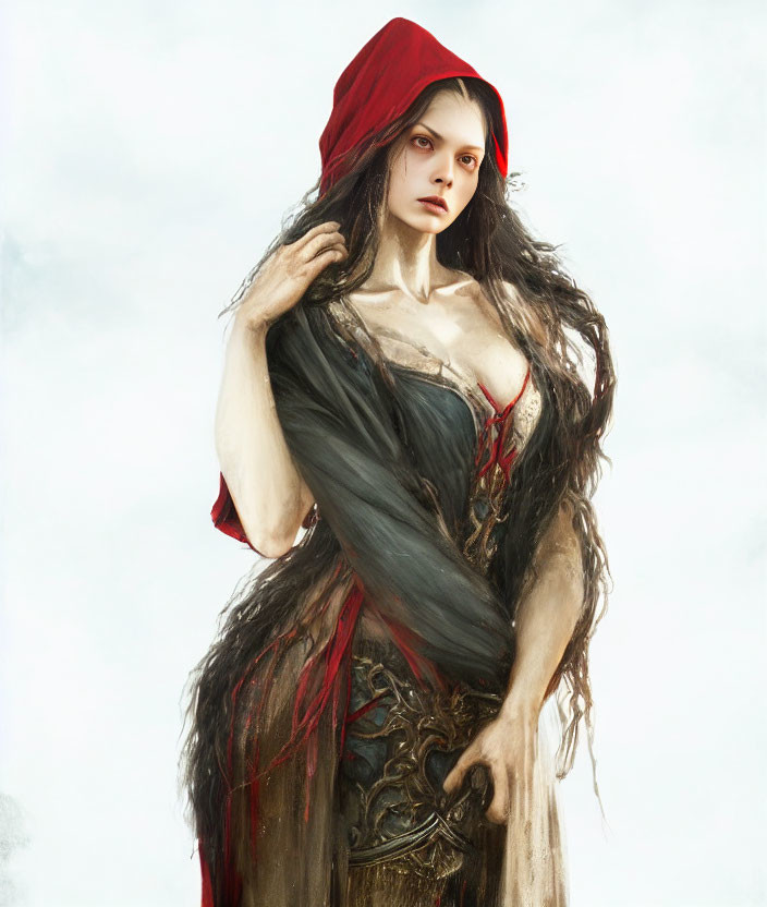 Mystical woman in tattered gown with red hood, gothic Red Riding Hood vibes