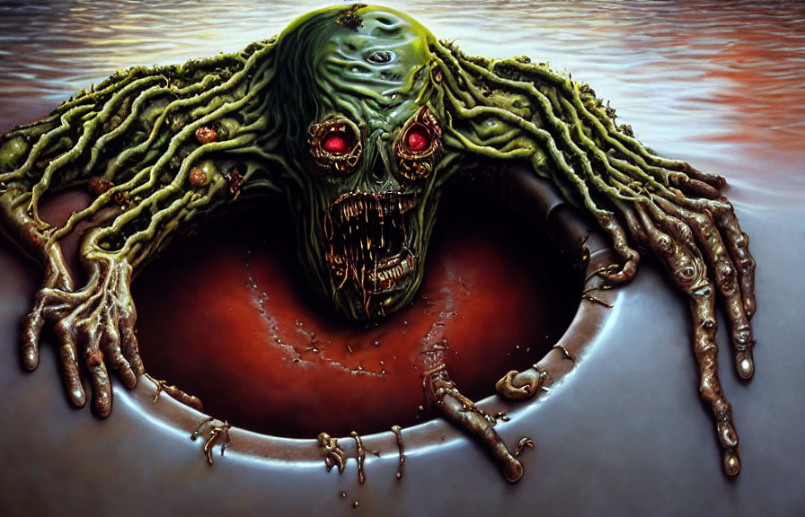 Skull-faced creature with red eyes and green tendrils on liquid surface