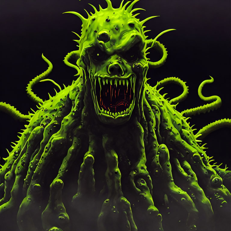 Monstrous green creature with spikes and tentacles on dark background