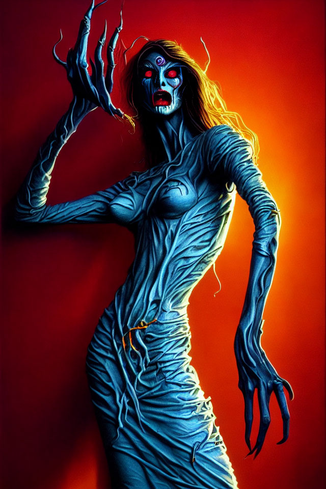 Eerie female figure with claw-like fingers and glowing eyes on red background
