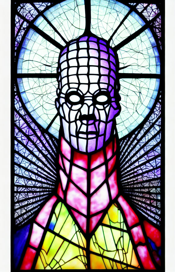Colorful abstract stained glass window with humanoid face in blue, purple, yellow, and red.