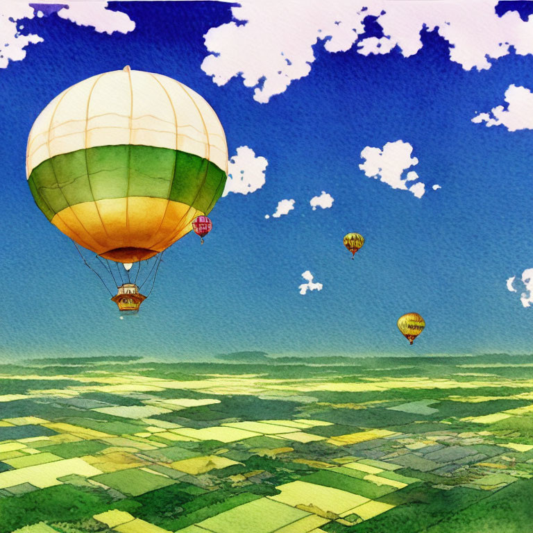 Vibrant hot air balloons over green fields and blue sky