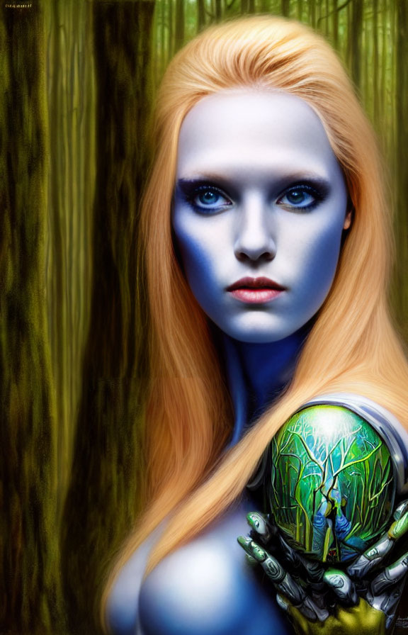 Blue-skinned woman with red hair and robotic arm in forest setting