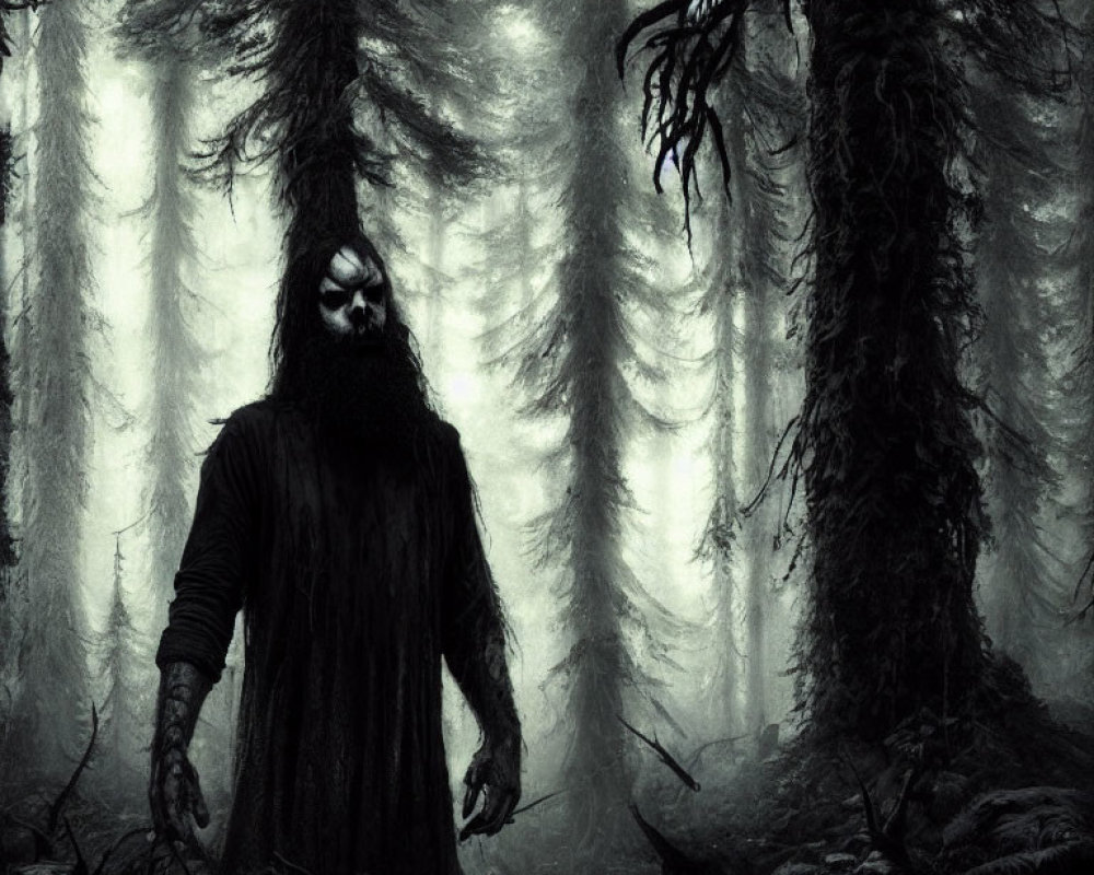 Mysterious Figure with Painted Face in Foggy Forest