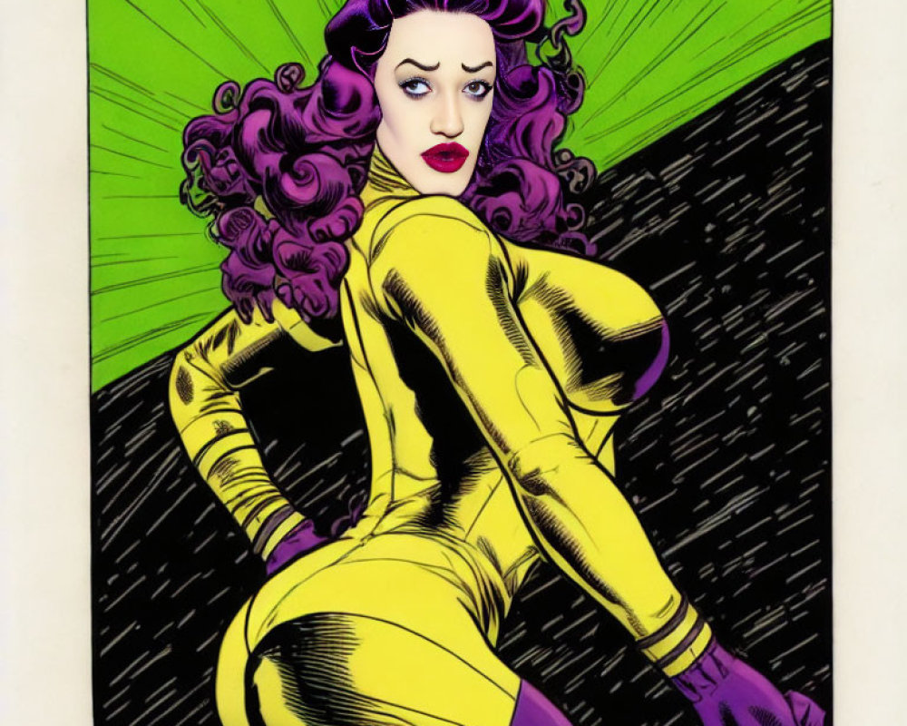 Female comic character with purple hair in yellow costume on green background