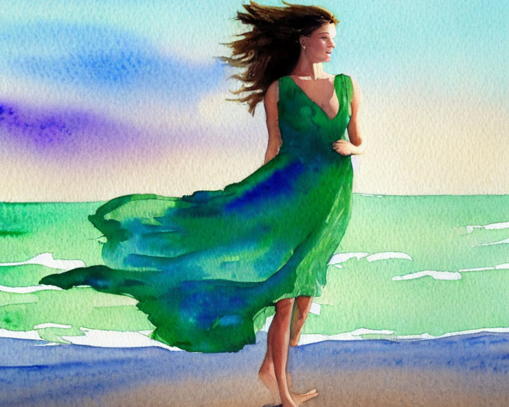 Woman in flowing green dress on beach with ocean background