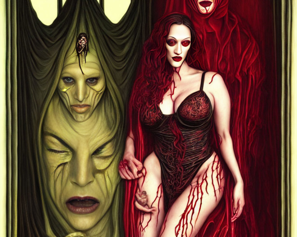 Stylized fantasy art of three female figures in gothic setting