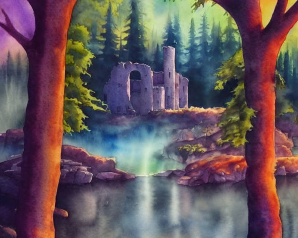 Serene landscape watercolor painting with ruin, stream, and twilight forest