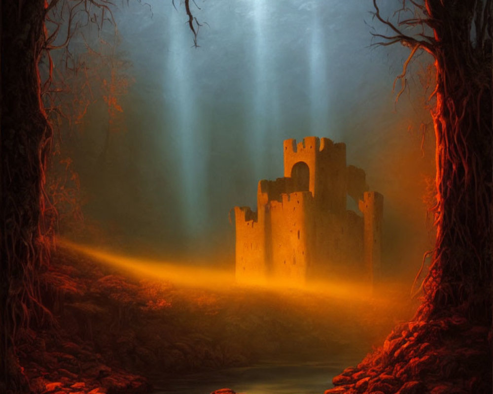 Ethereal forest scene with abandoned castle in golden haze