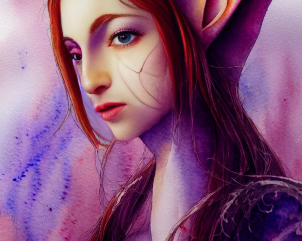 Mystical woman with red hair and elf-like ears in vibrant illustration