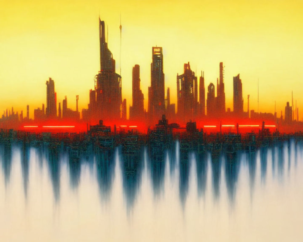 Urban skyline with skyscrapers at sunset reflecting in water.