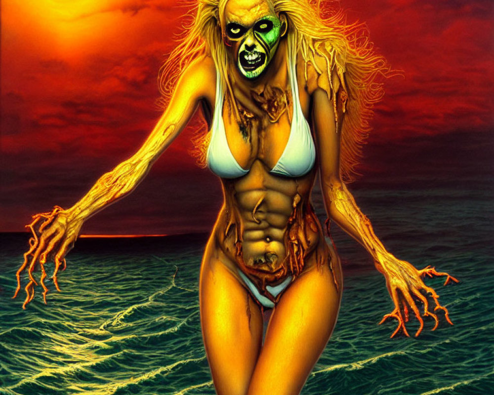 Digital artwork: Zombie-like female emerging from sea at sunset