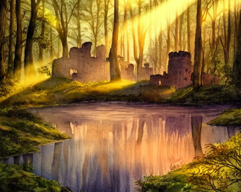 Sunlit forest scene with ruins reflected in pond at dusk