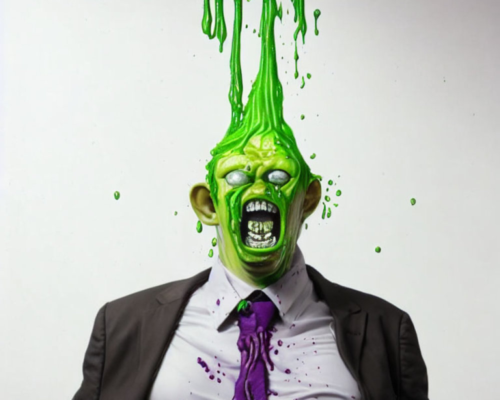 Businessperson in suit with grotesque green mask, mouth open, green and purple liquid.