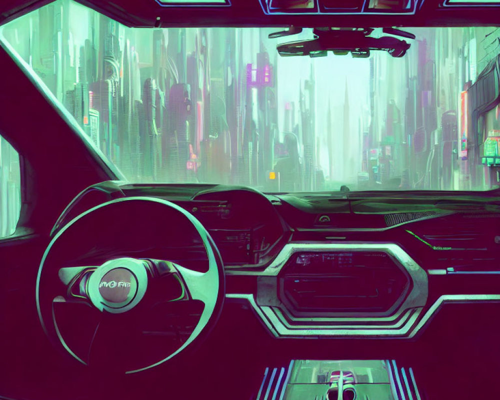 Neon-lit cyberpunk cityscape on futuristic car dashboard