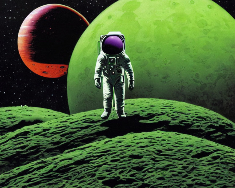 Astronaut on rocky lunar surface with green and red planets in outer space