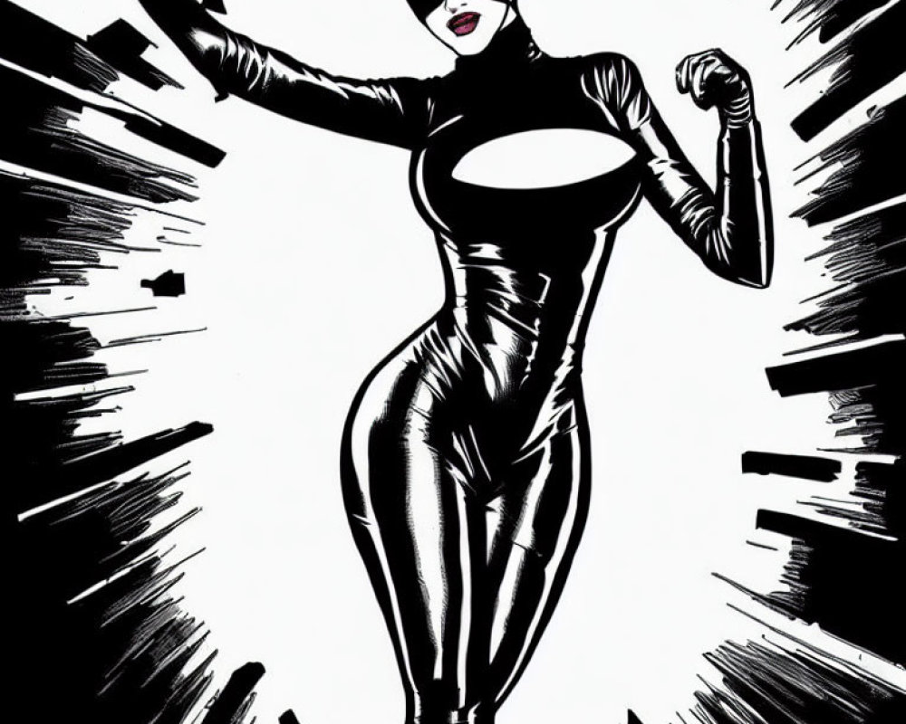 Monochrome female superhero illustration in dynamic pose