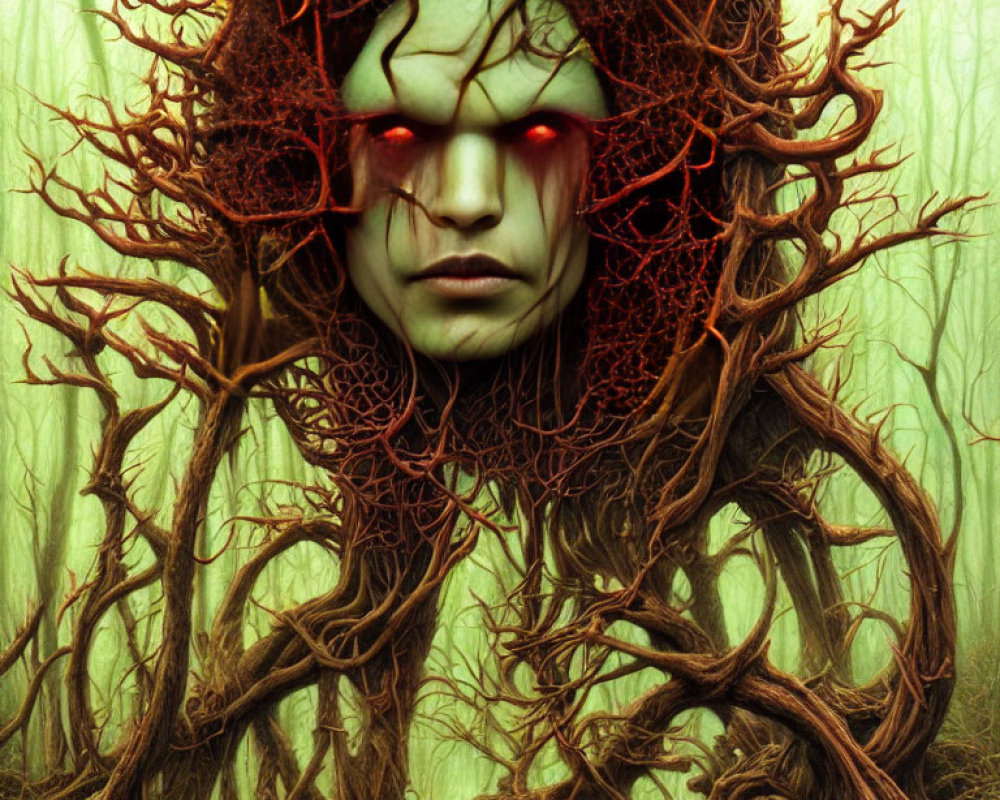 Sinister fantasy figure with glowing red eyes entwined in dark tree roots and vines