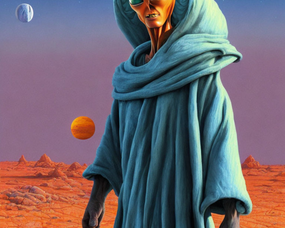 Extraterrestrial Being in Blue Robe on Desert Planet with Moons
