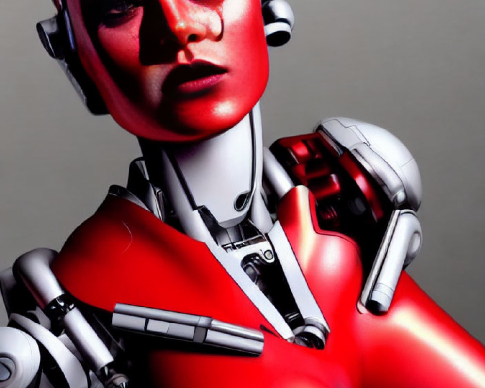 Red-skinned female android with futuristic headphones and glossy white & red mechanical body parts.