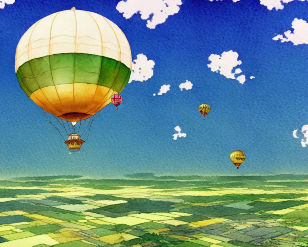 Vibrant hot air balloons over green fields and blue sky